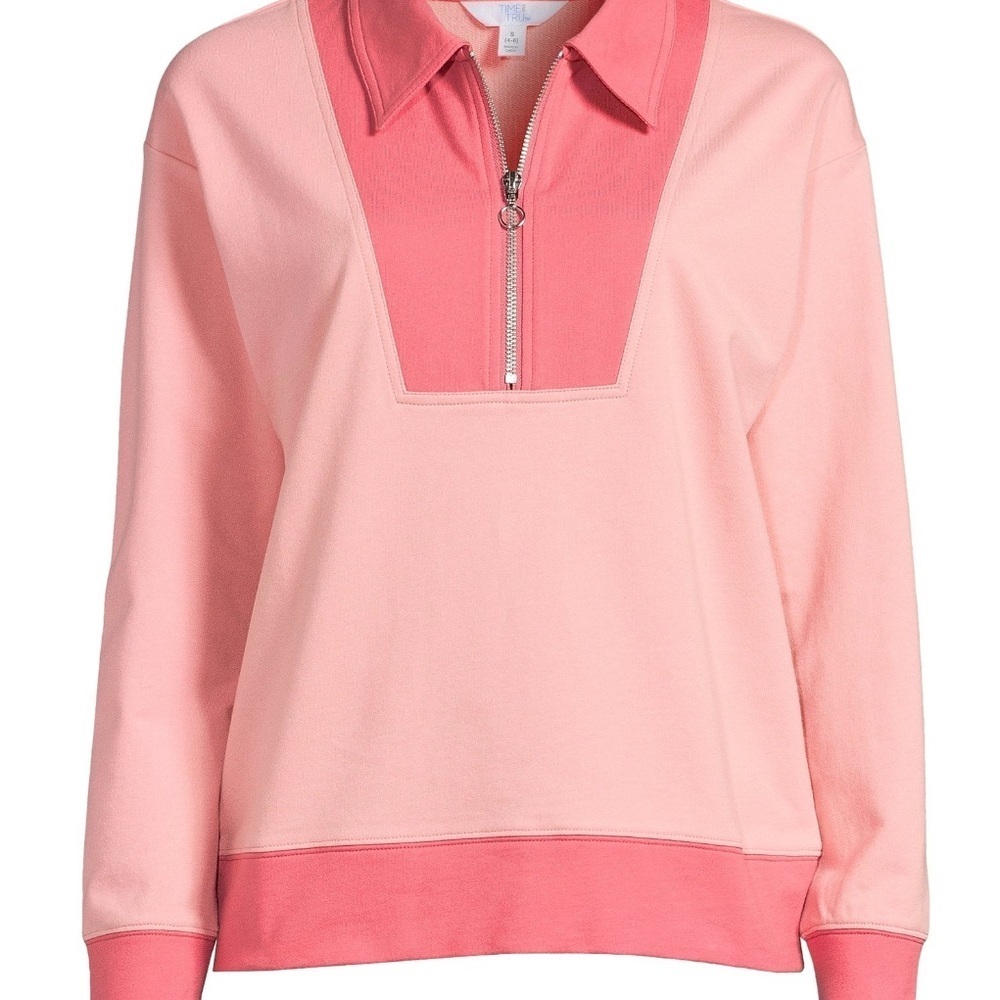 Time and Tru Pink Colorblock Quarter Zip Sweatshirt Pullover Women Large L NWT - Picture 3 of 4